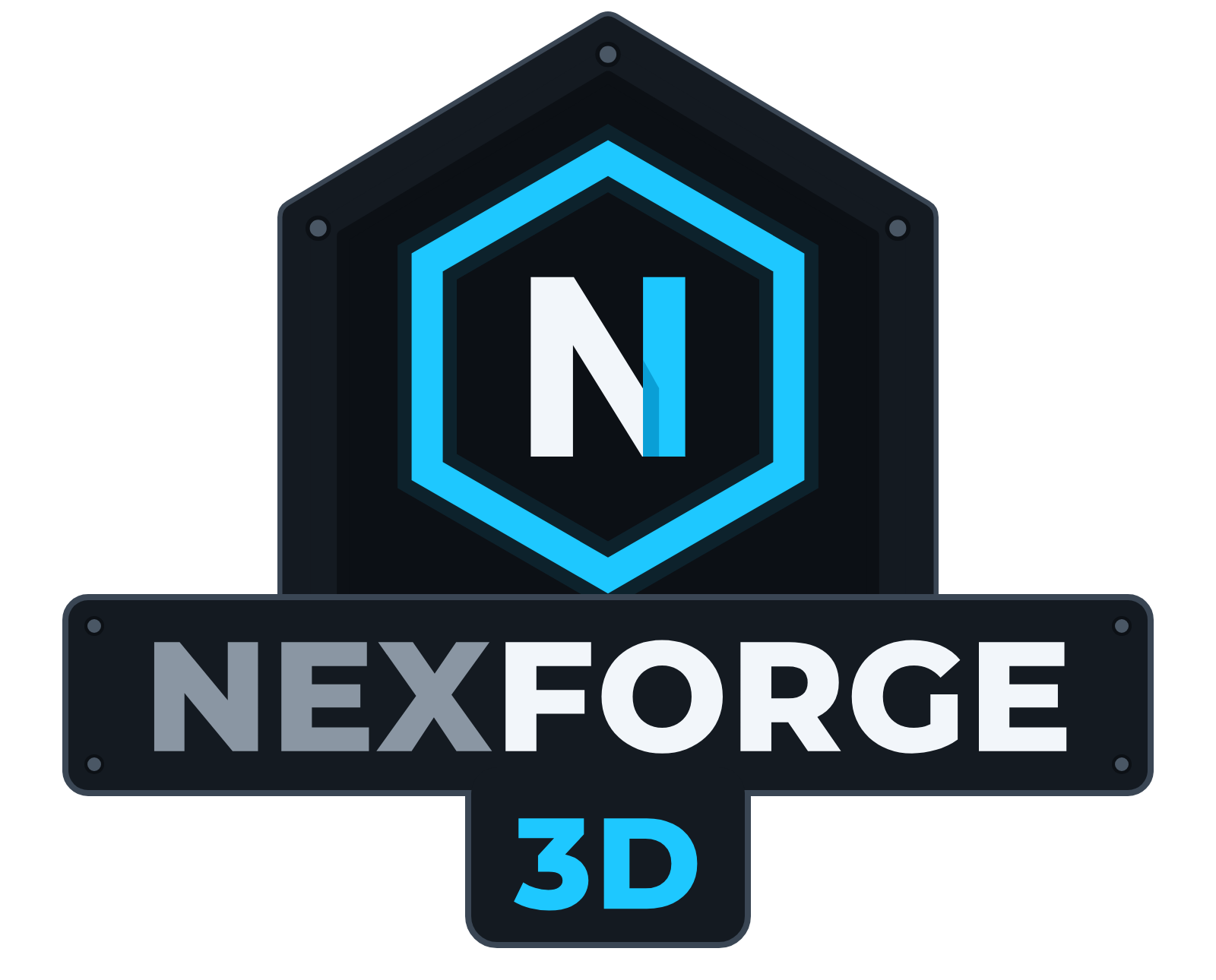 NexForge 3D logo: shield, hexagon and N above the NEXFORGE nameplate